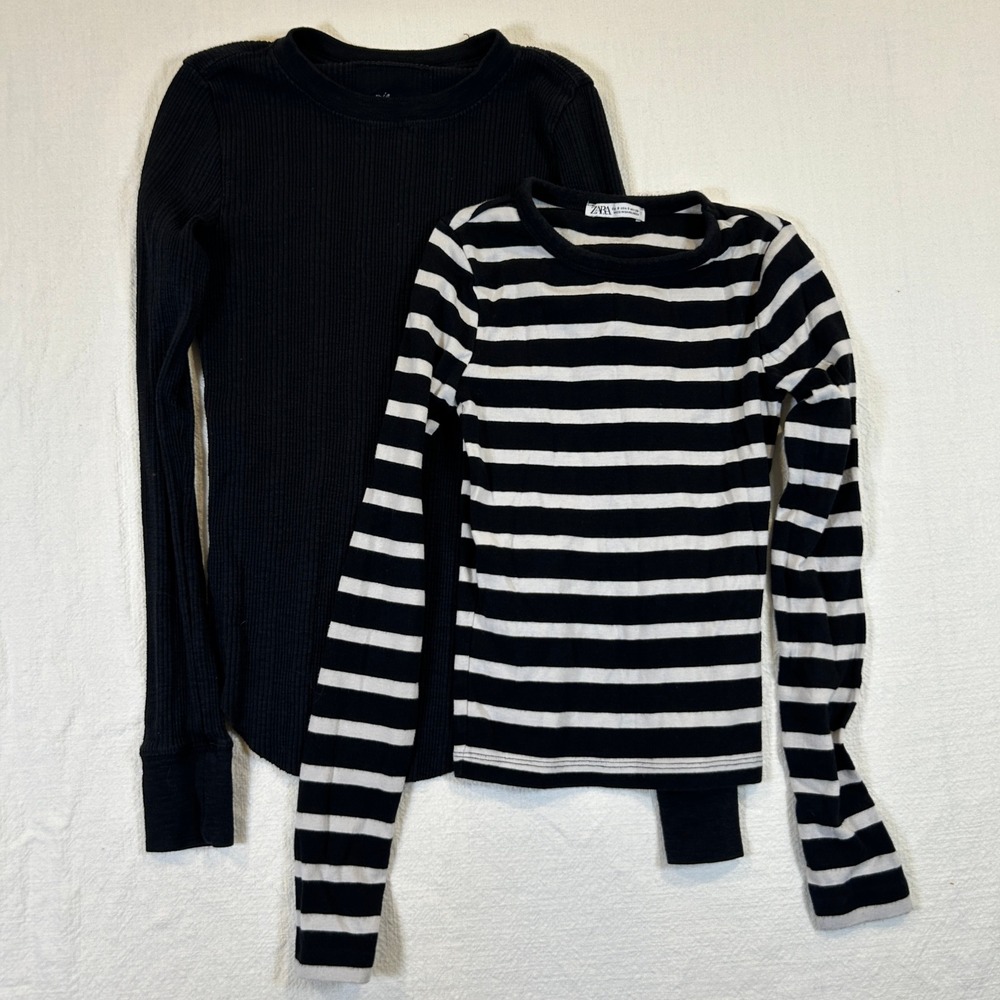 Aerie Black Ribbed & Zara Striped Long Sleeve Top Bundle XS S Black White 2 Pack